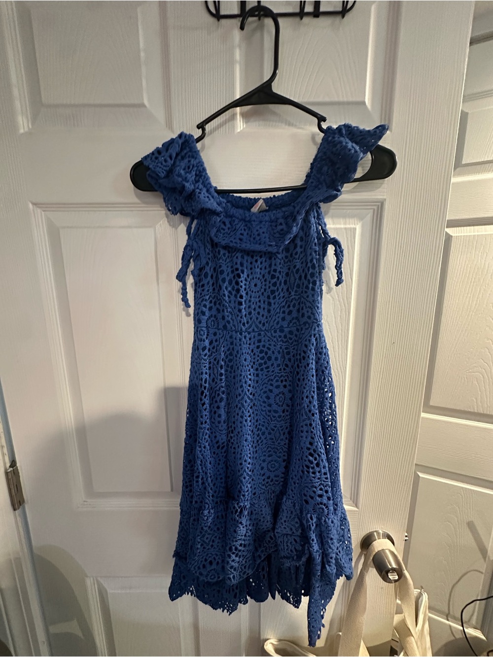 Blue Crochet High-Low Dress with Ruffle Shoulders
